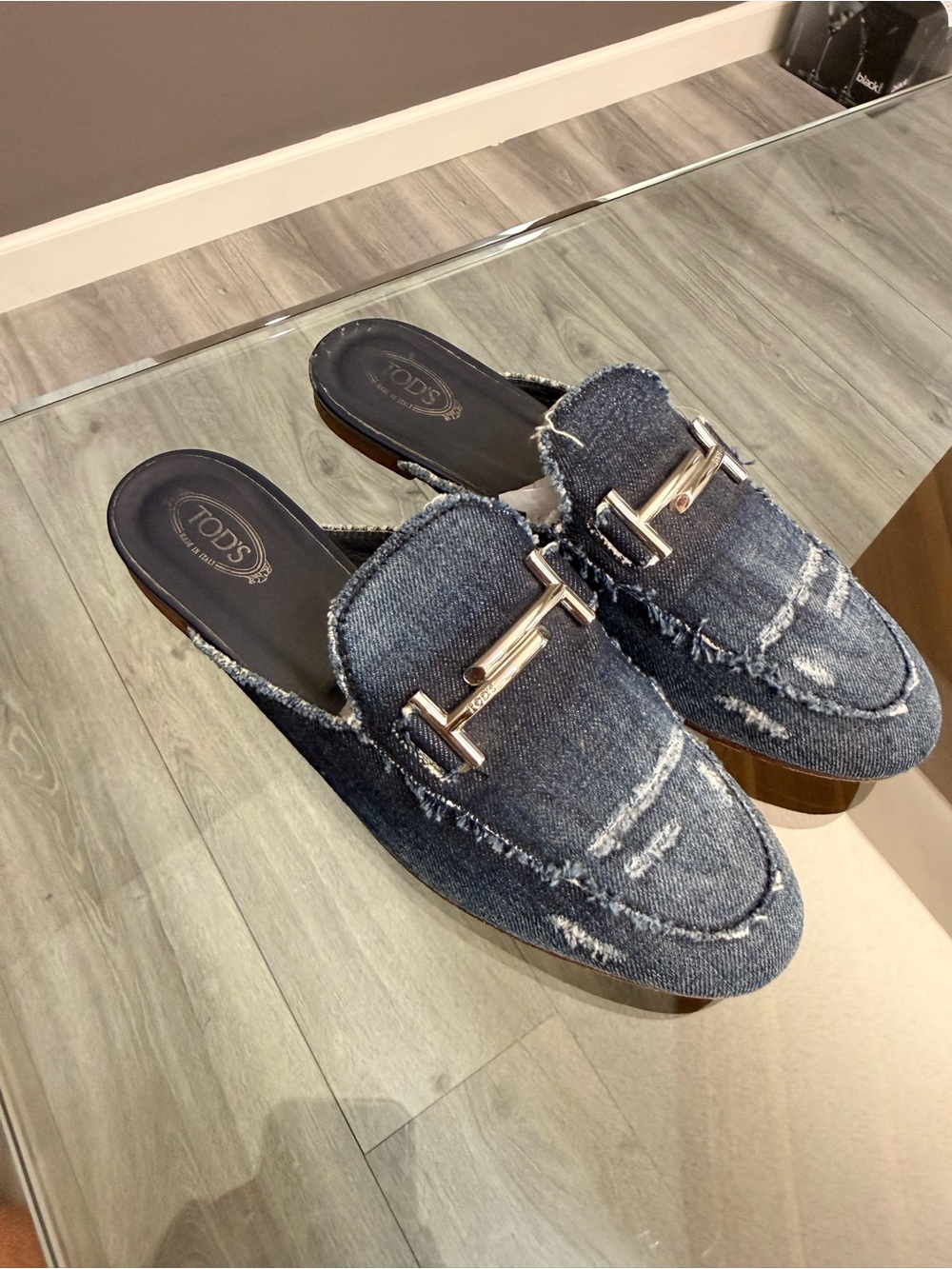 TOD'S Denim Slip-On Mules with Silver Hardware